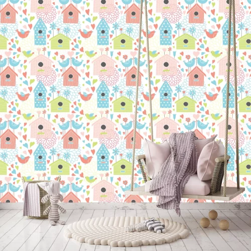 Tapete Bunte Häuschen kleine Vögel und Herzchen