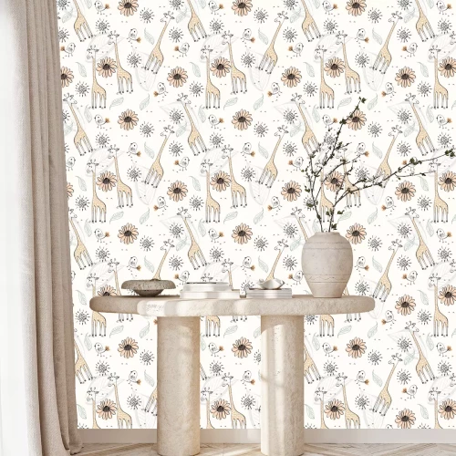 Tapete Bemalte Giraffen Vögel und Blätter