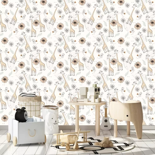 Tapete Bemalte Giraffen Vögel und Blätter