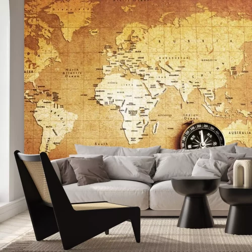Fototapete Eine stilisierte Sepia-Weltkarte mit Kompass