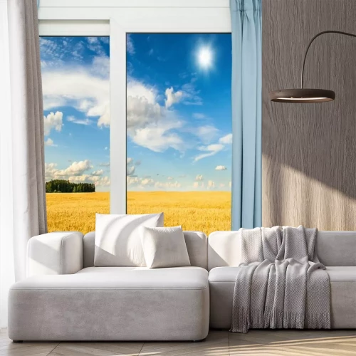 Fototapete Sommerlandschaft durch ein Fenster gesehen