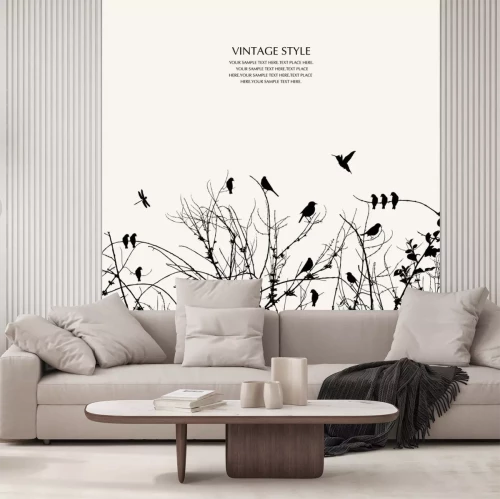 Sticker Silhouetten von Sträuchern und Vögeln auf weißem Hintergrund
