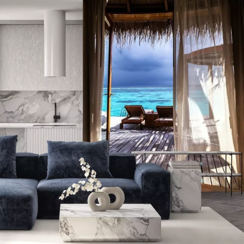 Fototapete Blick aus einem Terrassenfenster auf einen blauen Ozean