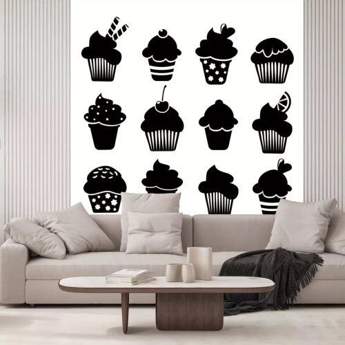 Sticker Set schwarze Cupcakes Icons, Vektor-Illustrationen isoliert