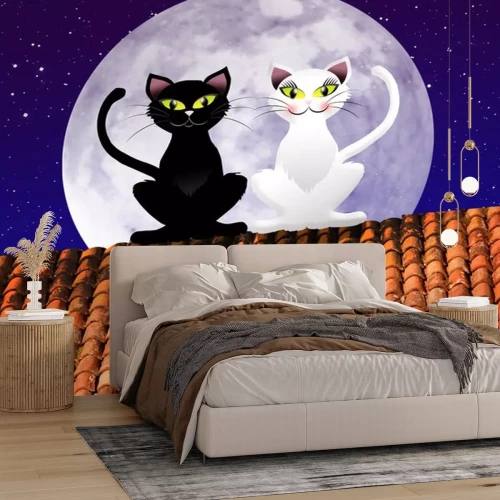 Sticker Katzen auf einem Dach und Vollmond