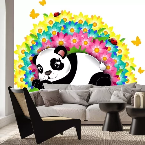 Sticker Pandabär unter einem Regenbogen von Blumen