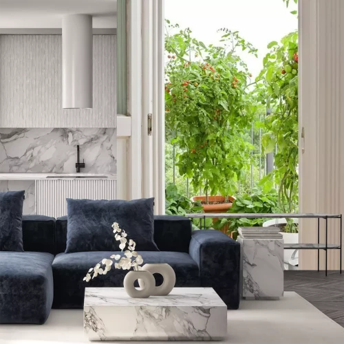 Fototapete Blick auf Tomatensträucher in Töpfen auf einem Balkon