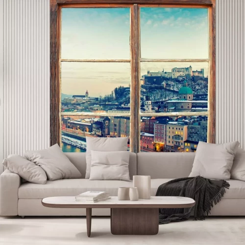 Fototapete Fensteransicht einer schneebedeckten Stadt