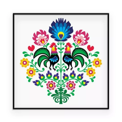 Poster Grafiken im volkstümlichen Stil mit Hähnen und Blumen