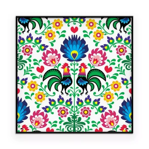 Poster Grafik mit einem Łowicz-Ornament mit Hähnen