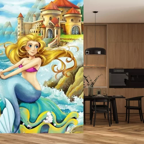 Fototapete Meerjungfrau auf Festland mit Schloss im Hintergrund