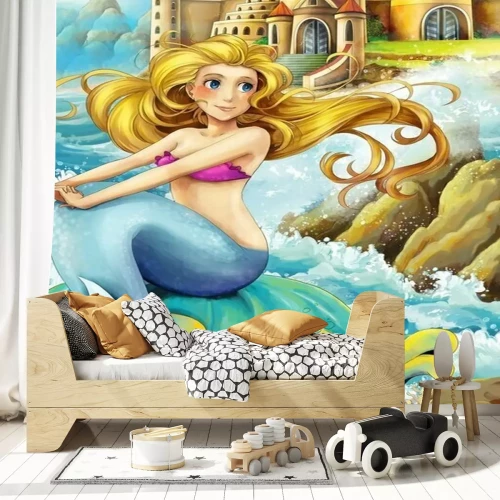 Fototapete Meerjungfrau auf Festland mit Schloss im Hintergrund