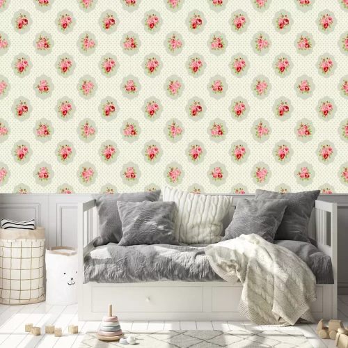 Tapete Shabby Chic mit rosa Blumen und grauen Tupfen