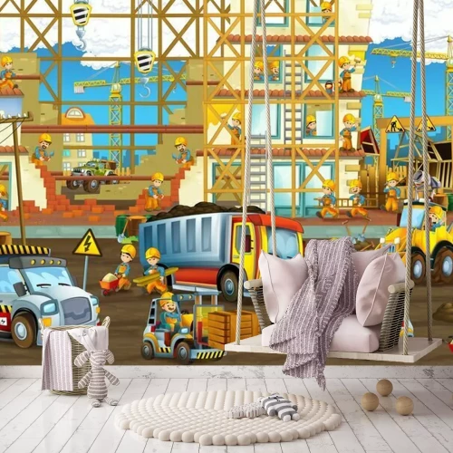 Fototapete Zeichentrick Baustelle mit Arbeitern
