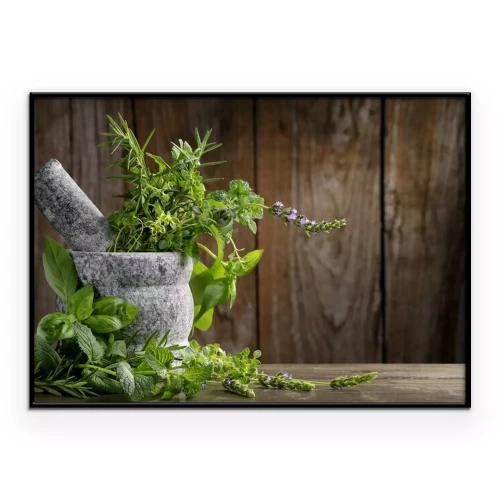 Poster Ein Steinmörser gefüllt mit frischen Kräutern