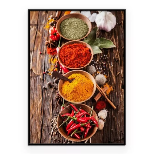 Poster Drei Schüsseln gefüllt mit einer Mischung aus Kräutern und Gewürzen