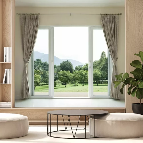 Fototapete Eine offene Tür mit Blick auf einen grünen Garten