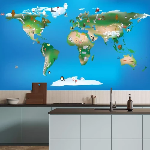 Sticker Weltkarte für Kinder mit Karikaturen von Tieren und berühmten lan