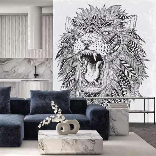 Sticker Löwenkopf mit Federn in der Mähne