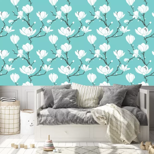 Tapete Grafische Magnolie auf blauem Hintergrund