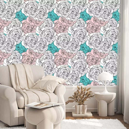 Tapete Rosen wei?-rosa-blau Blumenkonturen