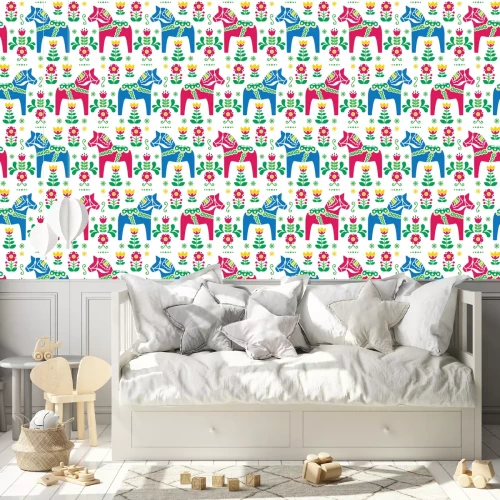 Tapete Schwedisches Volksmuster mit Pferden