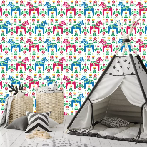 Tapete Schwedisches Volksmuster mit Pferden