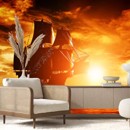 Fototapete 3d-Schiff bei Sonnenuntergang