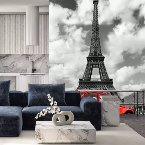 Sticker Eiffelturm mit roten altes Auto in Paris, Frankreich