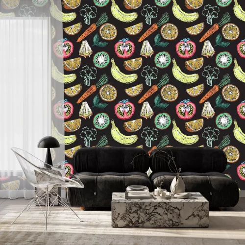 Tapete Grafisches Gemüse auf schwarzer Textur