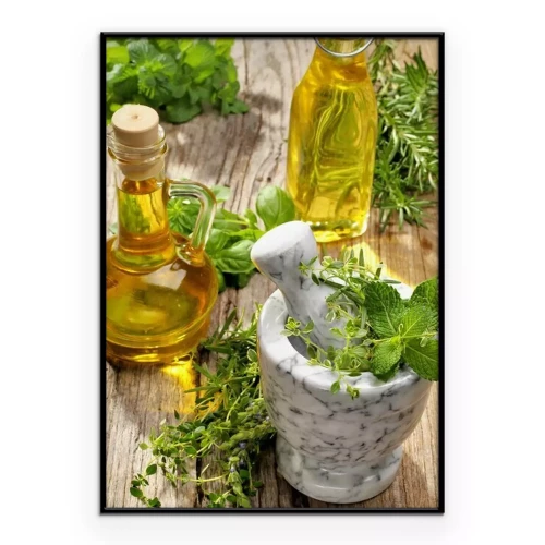 Poster Ein Arrangement aus frischen Kräutern mit einer Flasche Olivenöl