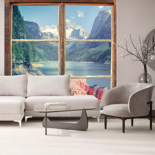 Fototapete Rucksack und schuhe vor fenster