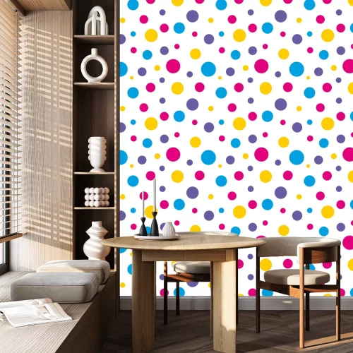 Tapete Punkte bunt in verschiedenen Größen auf weißem Hintergrund