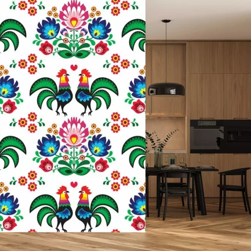 Sticker Blumen und Hähne auf weißem Grund im Łowicz-Stil