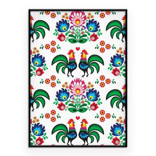 Poster Blumen und Hähne auf weißem Grund im Łowicz-Stil