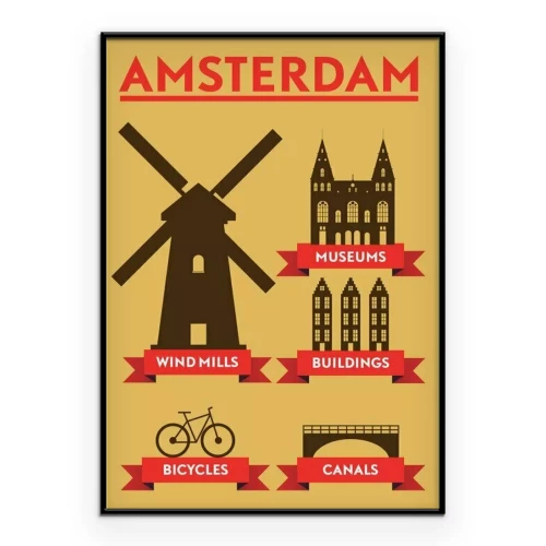 Poster Beliebte Amsterdamer Sehenswürdigkeiten im Infografik-Stil