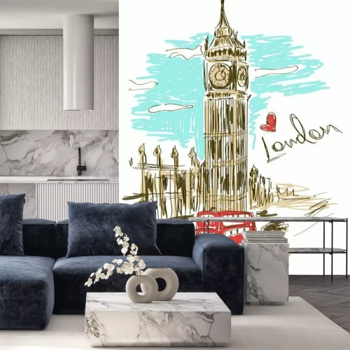 Sticker Eine karikaturhafte Ansicht von London im Postkartenstil.