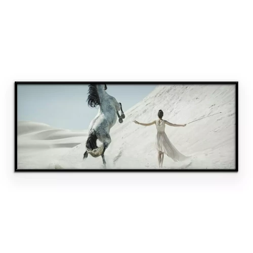 Poster Eine Frau und ein geflecktes Pferd in der Wüste