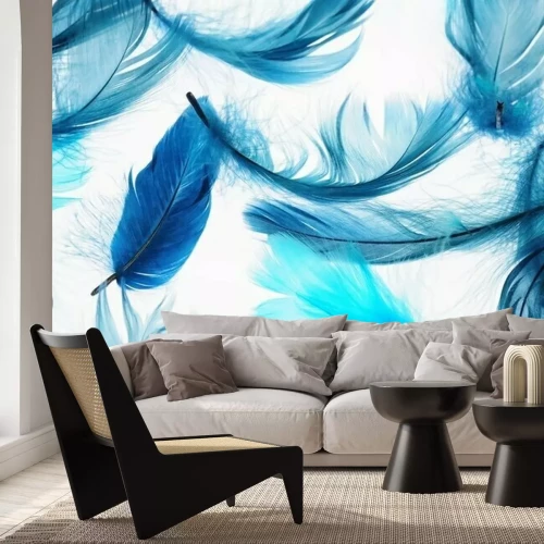 Fototapete Blaue Federn auf hellem Hintergrund