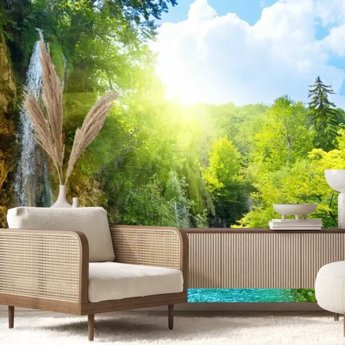 Fototapete Sonniger Wald und Wasserfall
