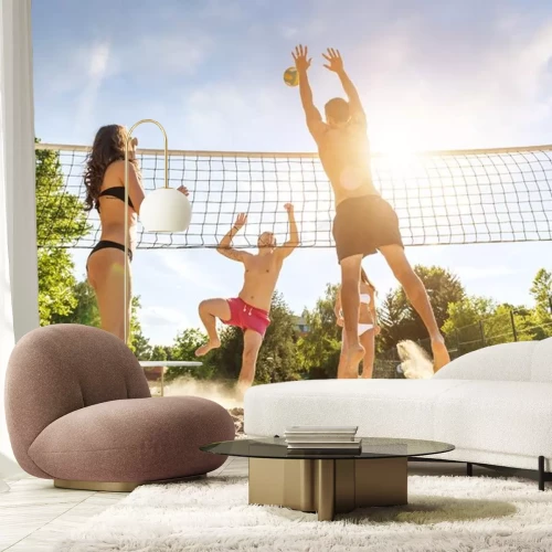 Sticker Gruppe junge Freunde, die Volleyball am Strand spielen