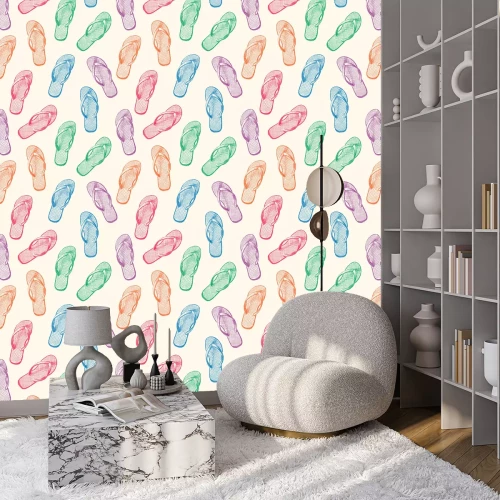 Tapete Bunte Flip-Flops auf beigem Hintergrund