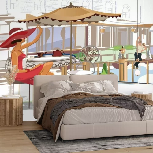 Fototapete Illustration eines Mädchens in einem Café