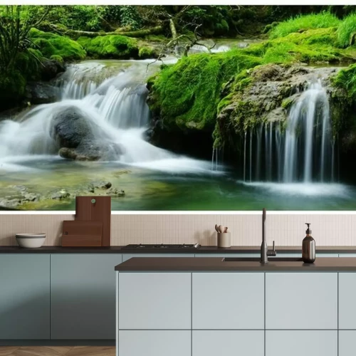 Fototapete Panorama von Grün und Wasserfällen