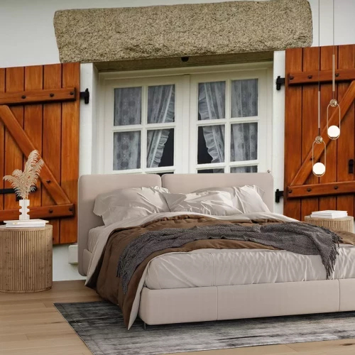 Fototapete Rote fensterläden am fenster