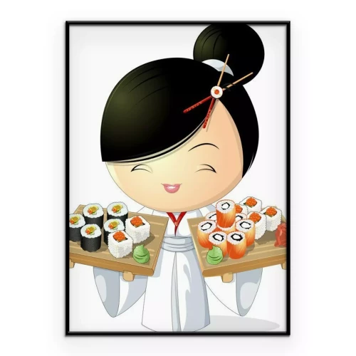 Poster Illustration eines Mädchens im Kimono mit Sushi