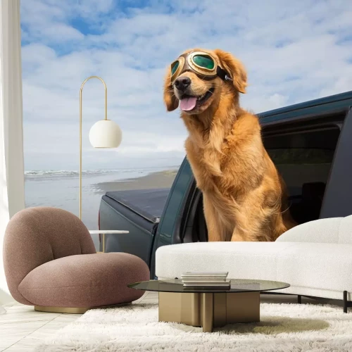 Sticker Hund im Auto mit Schutzbrille und herausgestreckter Zunge