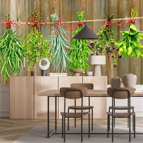 Fototapete Naturkräuter auf rustikalen Brettern