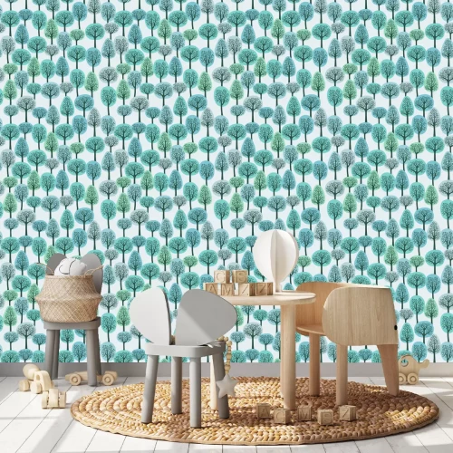 Tapete Blaue grafische Bäume