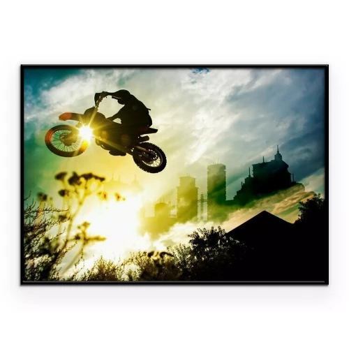 Poster Evolution auf einem Motorrad vor dem Hintergrund der untergehenden Sonne